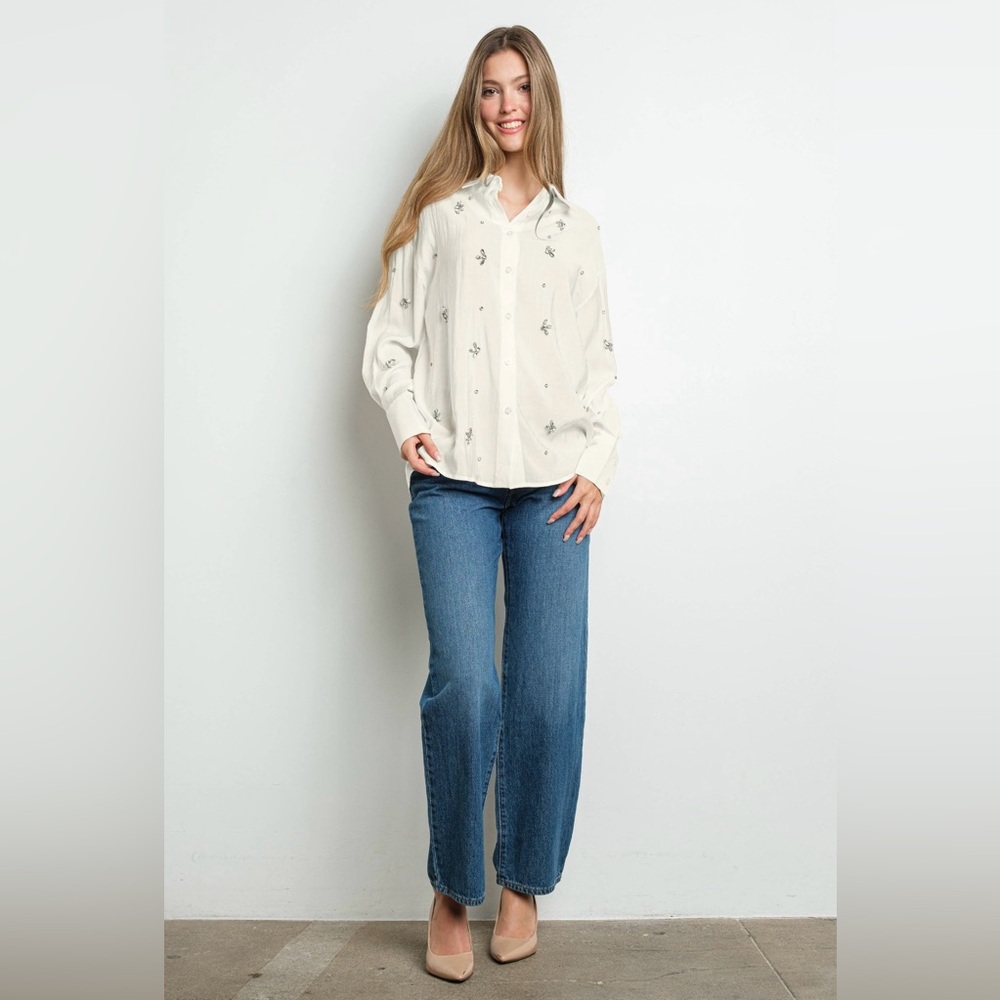 NWT EMERY Rhinestone Embellished Long Sleeve Shirt | Ivory